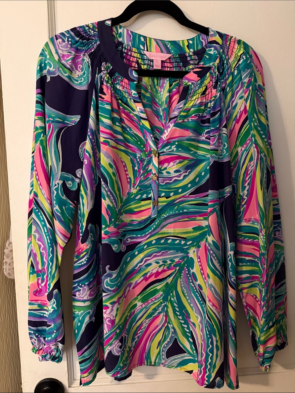 Lilly Pulitzer Teal, Pink and Navy Printed Elsa Top 100% Silk